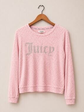 Juicy Couture Pink Leopard Rhinestone Sweatshirt Sz L Y2K Bling Logo Pullover
